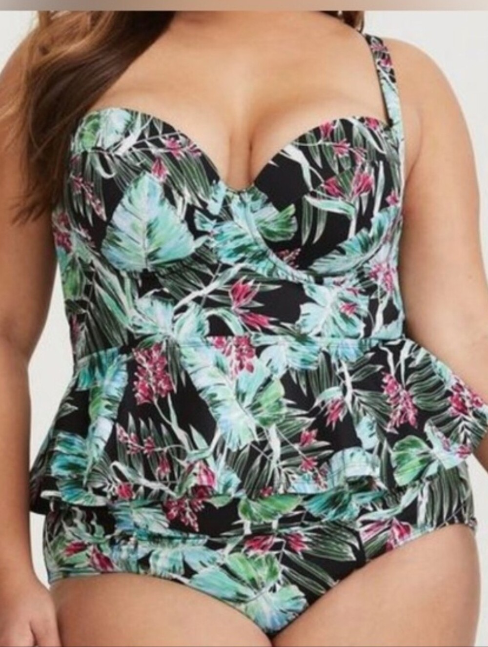 Torrid Black Tropical Swim Suit with Green Leaves & Pink Blooms